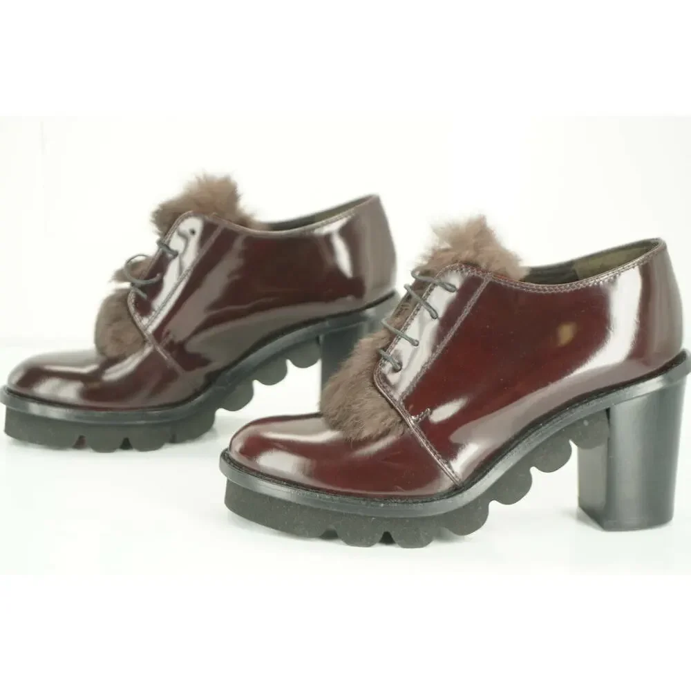 Attilio Giusti Leombruni Leather Rolo Fur Trim Oxford Heel Pumps Size 35 AGL NIB